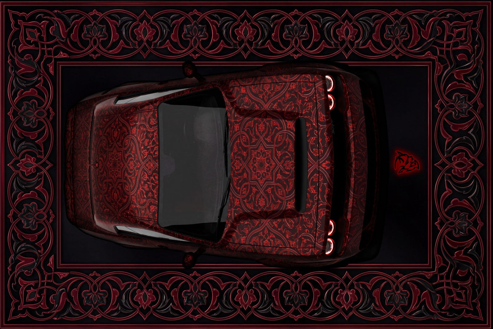 Red and black patterned car on a dark background with intricate design
